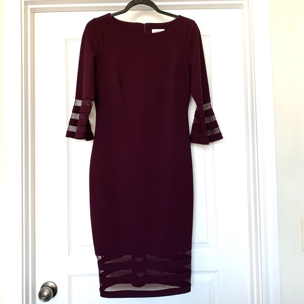 Calvin Klein Women's Bell Sleeve Sheath Dress with Sheer Inserts